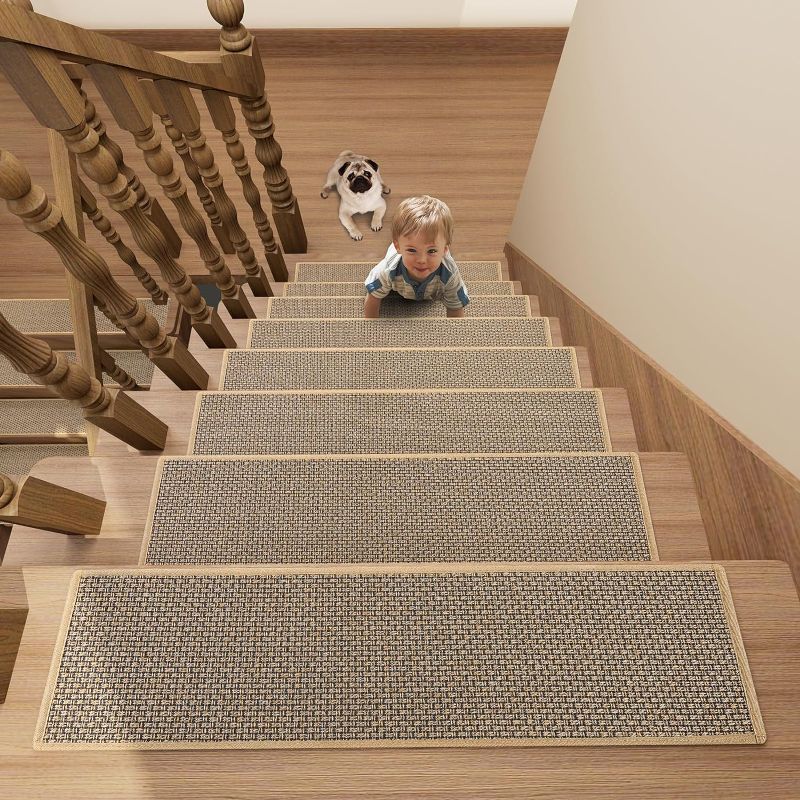 Photo 1 of ***USED**Stair Treads Carpet 15 pcs for Wooden Steps with Non Slip Rubber Backing, 100% Polyester Soft Stairs Resistant Indoor Skid Runner Safety Rugs for Kids Elders and Pets 30" * 8" (Brown)
