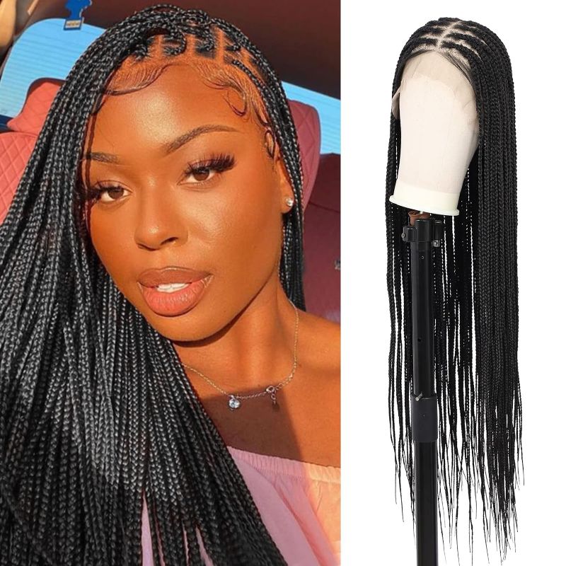 Photo 1 of 36 Inch 13x8 HD Lace Front Box Braided Wigs for Women Knotless Box Braid Wig With Baby Hair Human Hair Blended Lace Black Braid Wigs
