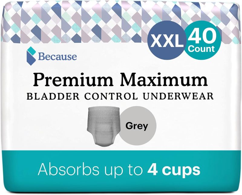 Photo 1 of Because Premium Maximum Incontinence Underwear for Men - Heavy Bladder Leak Protection, Ideal for Overnight leakage, Sleek, Invisible Fit, Grey, XXLarge - Absorbs 4 Cups - 40 Count (4 Packs of 10)
