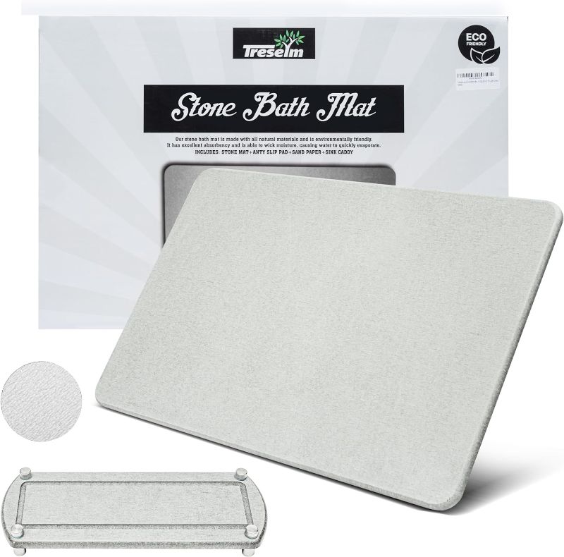 Photo 1 of 2PC Stone Bath Mat and Soft Diatomaceous Earth Bath Mat with Anti Slip Pad and Brush Super Absorbent and Quick Drying Mat for Shower, Sink & Kitchen (Light Grey)
