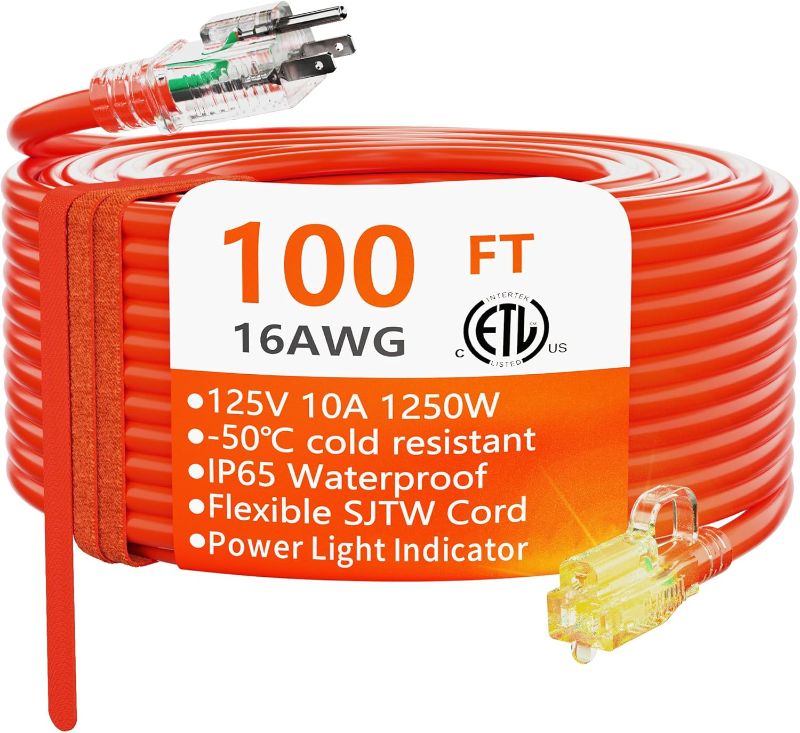 Photo 1 of ****USED** HUANCHAIN 100 ft 16/3 Gauge Outdoor Extension Cord Waterproof with Lighted, Flexible Cold Weather 3 Prong Power Cord Outside, 10A 1250W 125V 16AWG SJTW, Orange, ETL Listed
