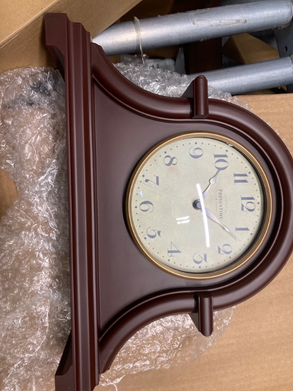 Photo 2 of ***BROKEN GLASS*** Presentime & Co. Vintage Farmhouse Mantel Clock Series, Napoleon Desk & Shelf Clock, 13 x 10 inch, Domed Lens, Quartz Movement, Walnut Brown Finish (Home Decoration/Tabletop Decoration)