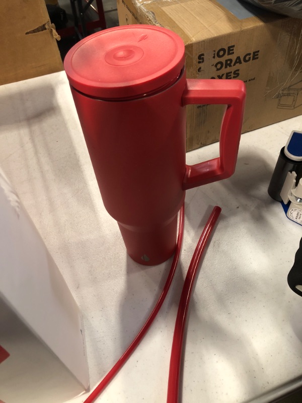 Photo 3 of ***STRAW IS DAMAGED*** Elemental 40 oz Tumbler with Handle and Straw - Spill Proof Insulated Stainless Steel Commuter for Hot and Cold Beverages - Travel Coffee Mug with 2 Straws & Spill Proof Lid - 40oz - Red