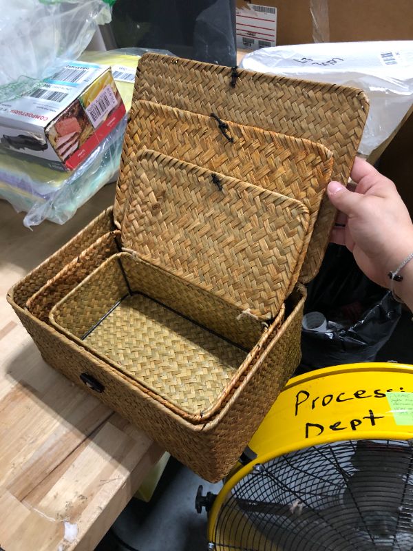Photo 1 of 
Shelf Baskets with Lid Wicker Baskets with Lids, Nautral Seagrass Storage Baskets, Woven Rectangular Basket Bins (3)