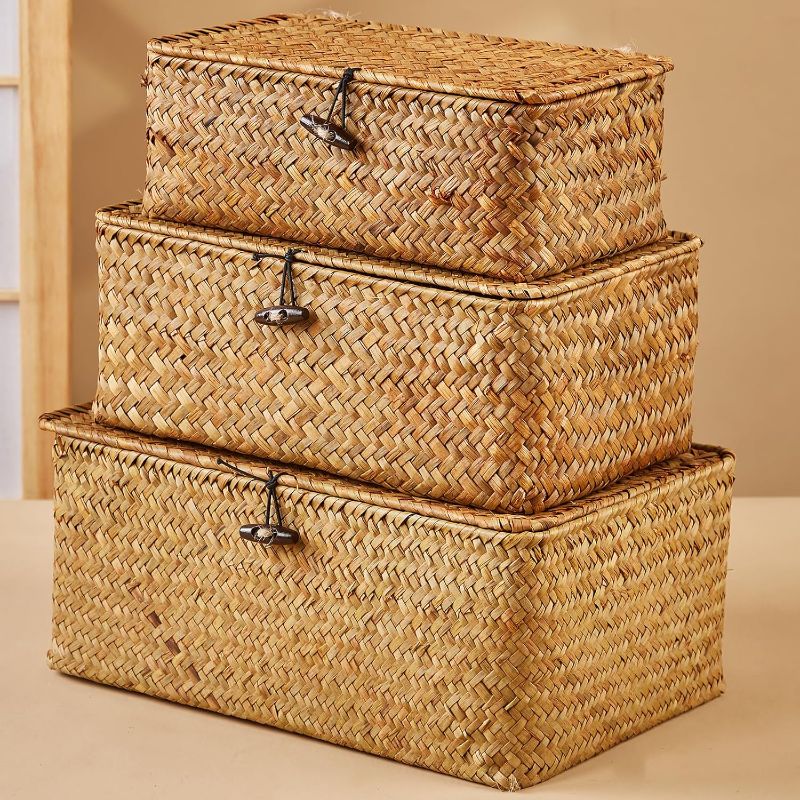 Photo 1 of 
Shelf Baskets with Lid Wicker Baskets with Lids, Nautral Seagrass Storage Baskets, Woven Rectangular Basket Bins (3)