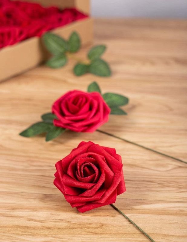 Photo 1 of  Artificial Flower Foam Rose Real Touch Roses Flower Heads with Stem for DIY Wedding Bouquets Centerpieces Arrangements Party Baby Shower Home Decor (Dark Red)