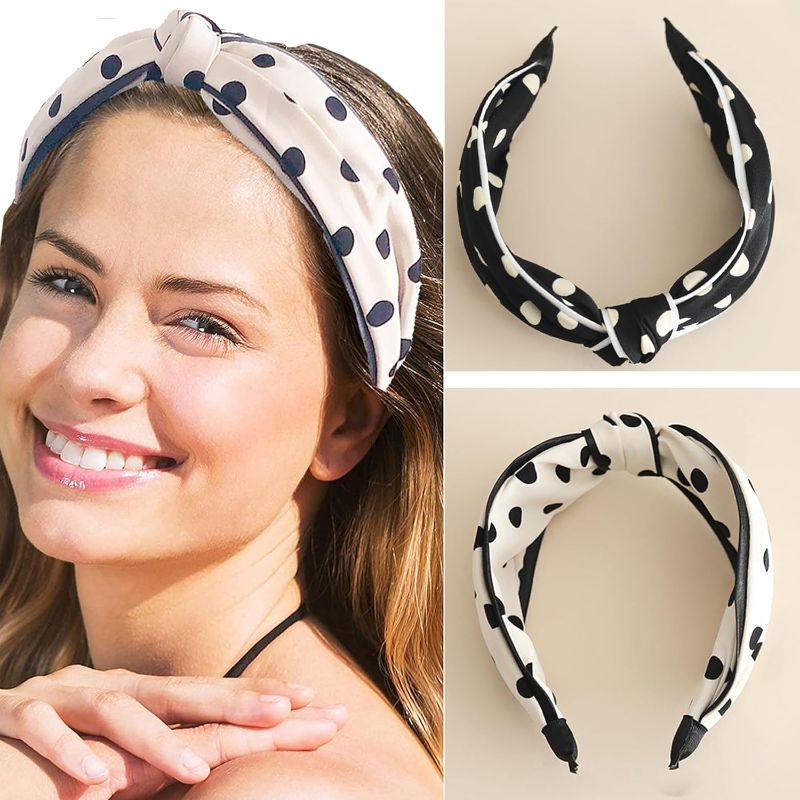 Photo 1 of 2PCs Women Wide Knotted Polka Dot Headbands,Fashion Rabbit Ear Hair Band Hair Hoop for Women Girl Vintage Headwrap Hair Accessories - Bow Black + Beige