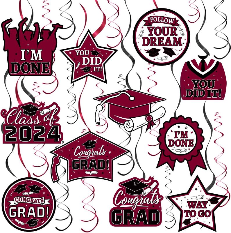 Photo 1 of  Pieces Graduation Decorations Class of 2024, Graduation Hanging Swirl for Congrats Grad Party Decorations Maroon Graduation Party Supplies(3 pack)