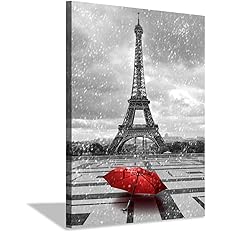 Photo 1 of ***USED** ARTISTIC PATH Eiffel Tower Painting Wall Art: Paris Cityscape Artwork Red Umbrella Picture Print on Canvas for Bedroom (12'W x 16''H,Multi-Sized)
