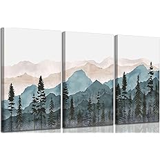 Photo 1 of 3 Pcs Framed Modern Mountain Abstract Canvas Wall art Nature Watercolor Foggy Pine Tree Forest Landscape Painting Picture Wall Decor Poster Print Artwork for Living Room Bedroom Home Decoration
