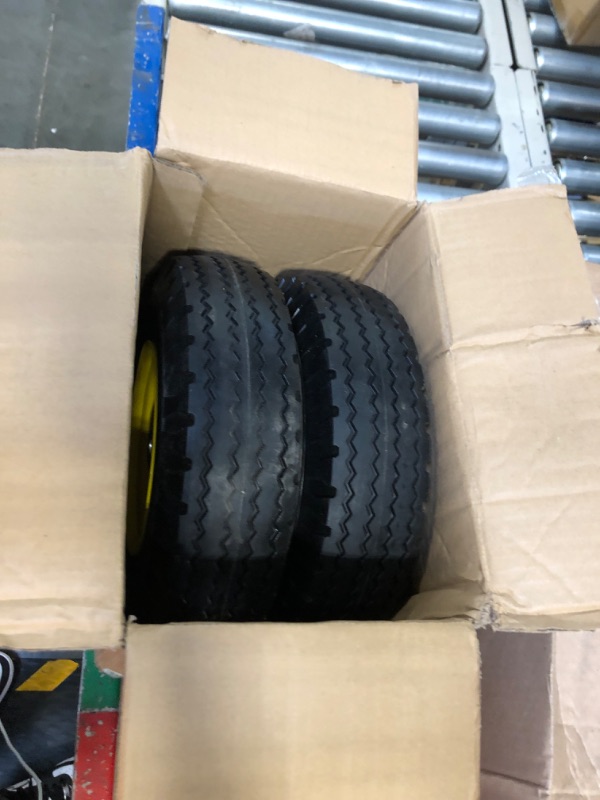 Photo 3 of ****USED** MaxAuto 4.10/3.50-6" Flat Free Tire Replacement for John Deere Mower, Hand Truck/All Purpose Utility Tire on Wheel, 3"-3.5''-4.0''-4.5'' Centered Hub, 3/4" Bearings, Yellow Steel (2 pack)