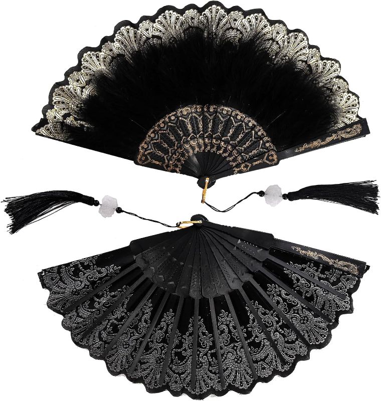 Photo 1 of 1 Pieces Feather Hand Fan Embroidered Flower Marabou Feather Fan 1920s Feather Fan Hand Fan Folding Hand Fan Drag Queen Fan for 20s Women Costume Party Dancing Photoshoot Wedding Decor (Black)