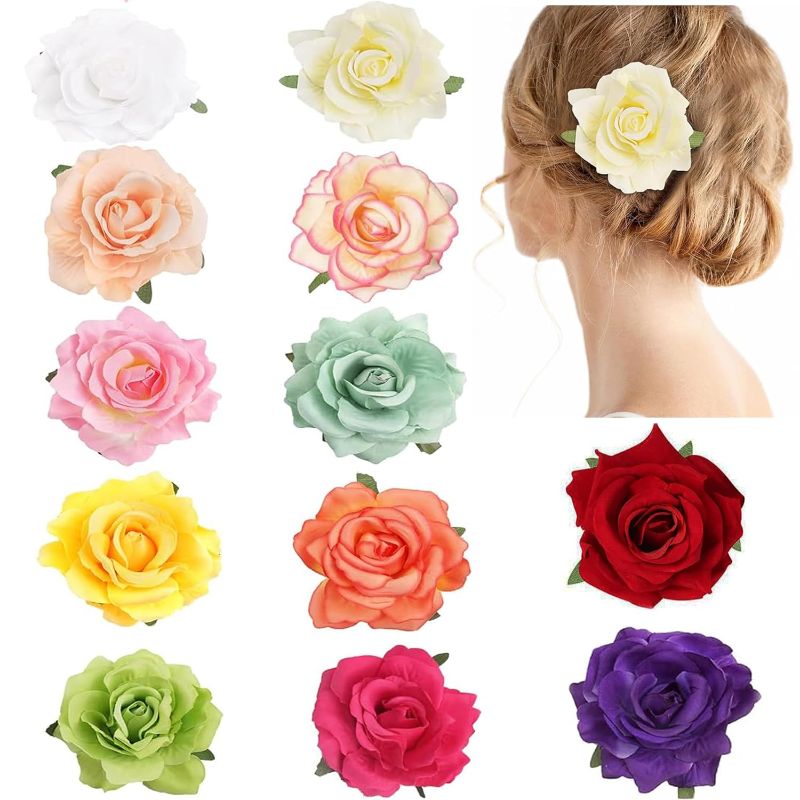 Photo 1 of 12PCS Elegant 4inch Rose Flower Hair Clips Hairpins Floral Brooches Pin Boho Hair Clip Rose Hair Accessories For Women Girls Lady Bridal