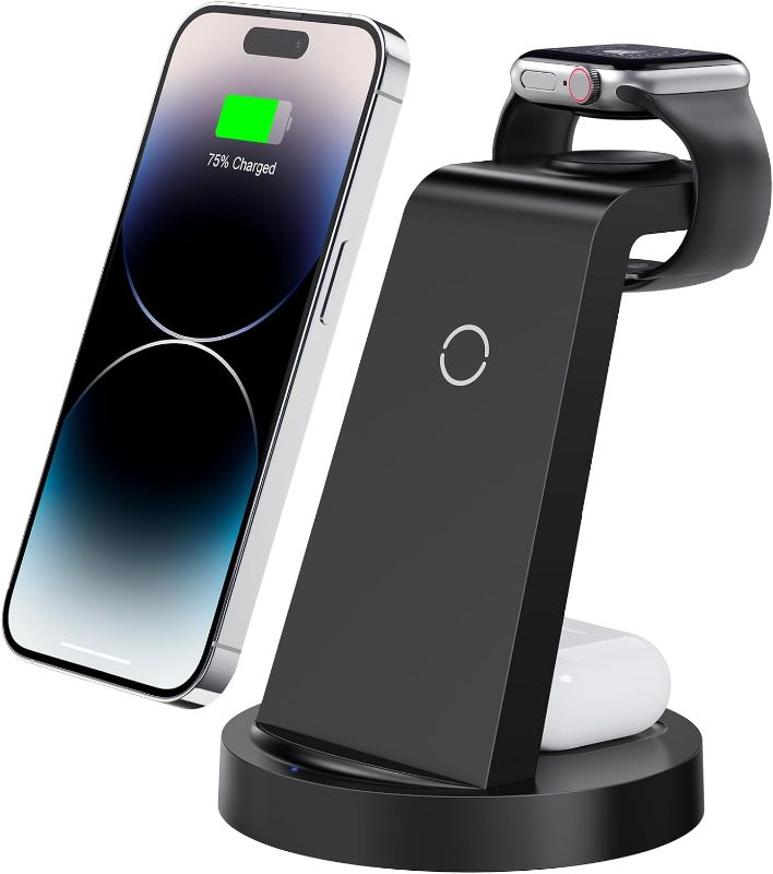 Photo 1 of 3 in 1 Charging Station for iPhone, Wireless Charger for iPhone 15 14 13 12 11 X Pro Max & Apple Watch - Wireless Charging Station for AirPods Pro 3 2