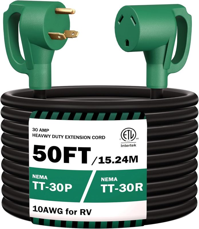 Photo 1 of STRIGHT 50FT RV Extension Cord 30 Amp, RV Power Extension Cord NEMA TT-30P Male to TT-30R Female Heavy Duty 10 AWG STW 3-Wire for RV Trailer Campers 125V, 3750W, ETL Listed (50FT 30AMP), Green Plug