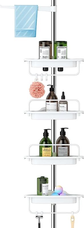 Photo 1 of Fixwal 4 Layer Corner Shower Caddy, Adjustable Shower Shelves with Soap Caddy Towel Rack, Rustproof Bathroom Shampoo Organizer, Tension Pole Extend from 56 to 125 Incheswhite 