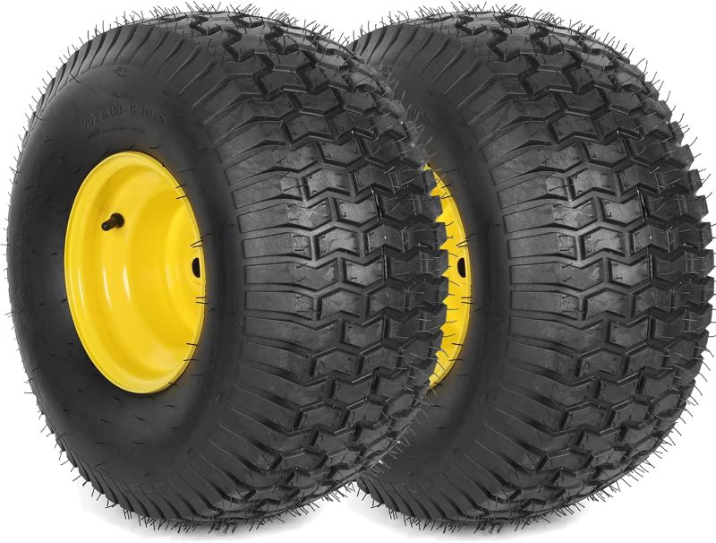 Photo 1 of (2-Pack) 20x8.00-8 Rear Tire and Wheel Assemblies - 4 Ply Tubeless Tire Compatible Replacement for Riding Lawn Mowers - 3/4" Borehole, 3.5" Offset Hub and 3/16" Keyway
