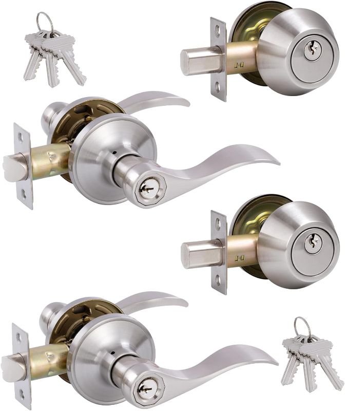 Photo 1 of ?2 Pack? Keyed Alike Front Door Lever Lockset with Single Cylinder Deadbolt Combination Set? Wave Style Lever, Front Door/Exterior Door Knob with Lock and Deadbolt? Satin Nickel Finished