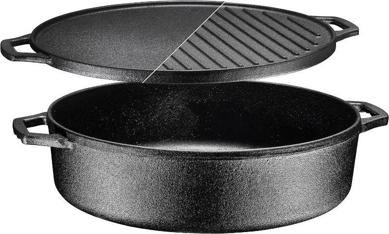 Photo 1 of ** USED**
Bruntmor 3-In-1 Pre-Seasoned Cast Iron Skillets Round Deep Roasting Pan With Reversible Grill Griddle Lid, Non-Stick Open Fire Camping Kitchen Cookware, Use As Frying Pan 6.8 Quart- Black
