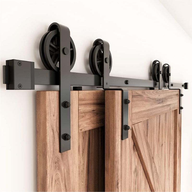 Photo 1 of ****Stock photo is a similar item, not exact***ZEKOO  Bypass Sliding Barn Door Hardware Kit, Single Track, Double Wooden Doors Use, One-Piece Rail Flat Track Roller, Spoke Wheel Style (5.5 Feet)
