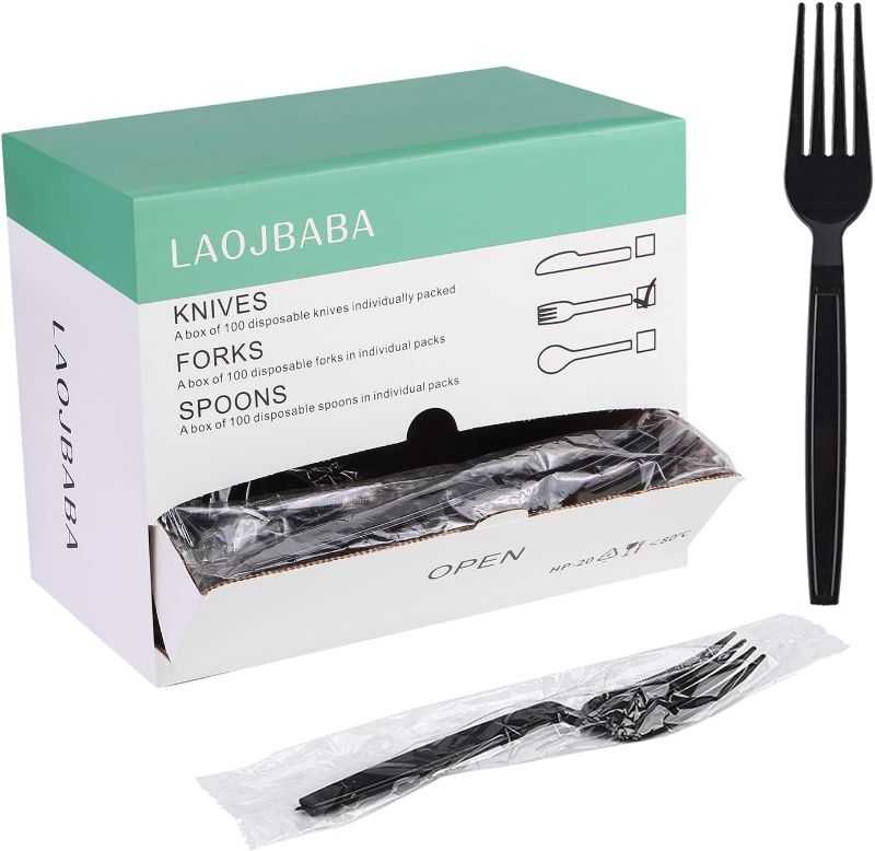 Photo 1 of 
Laojbaba Plastic Fork Disposable Individually Wrapped/Packaged Black 7-Inch Commercial Take Away Super Hard Mass Heavy Forks 100 PCS