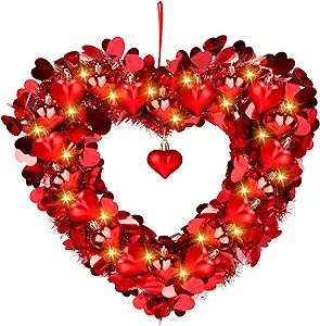 Photo 1 of ANVAVO 14 Inch Valentine's Day Red Heart Wreath Hanging Door Garland Decoration with 20 LED Bulb for Valentine's Day Wedding Anniversary 