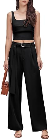Photo 1 of Women's Summer 2 Piece Outfits Square Neck Crop Tank Tops Wide Leg Pants Lounge Sets with Belt & Pockets SIZE M