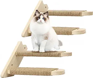 Photo 1 of LUZGAT Cat Wall Steps,Large Cat Climbing Stair Shelf,Four Step Wood Cat Stairway with Jute Rope for Small Kitty Cats Perch Platform Supplies Cats Scratching Post 
