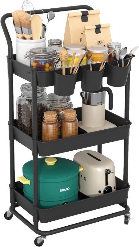 Photo 1 of 3-Tier Rolling Utility Cart, Storage Cart with Handle Multi-Purpose and Locking Wheels,with Hanging Basket and Hook for Office, Kitchen, Bathroom,Black