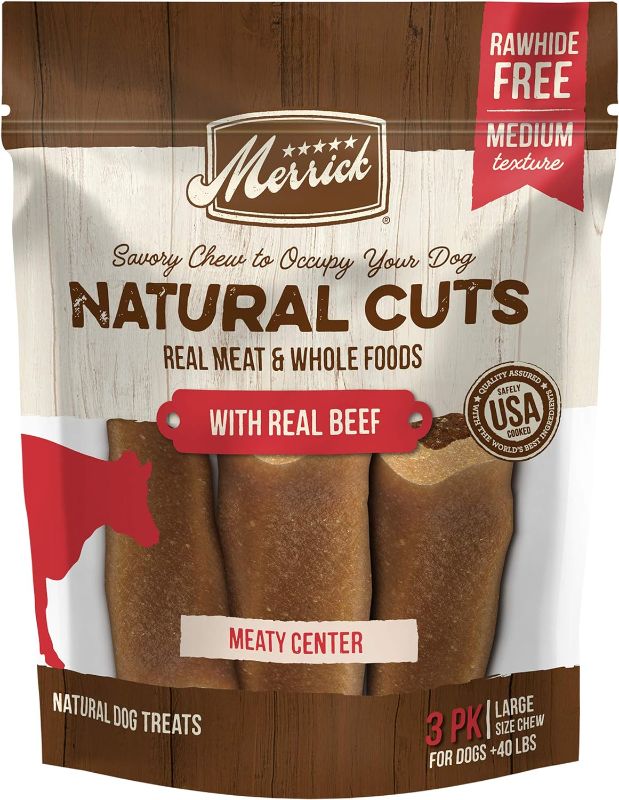 Photo 1 of Merrick Natural Cuts Medium Real Beef Flavor Rawhide Free Dog Treats, 4 count BB: 07/24