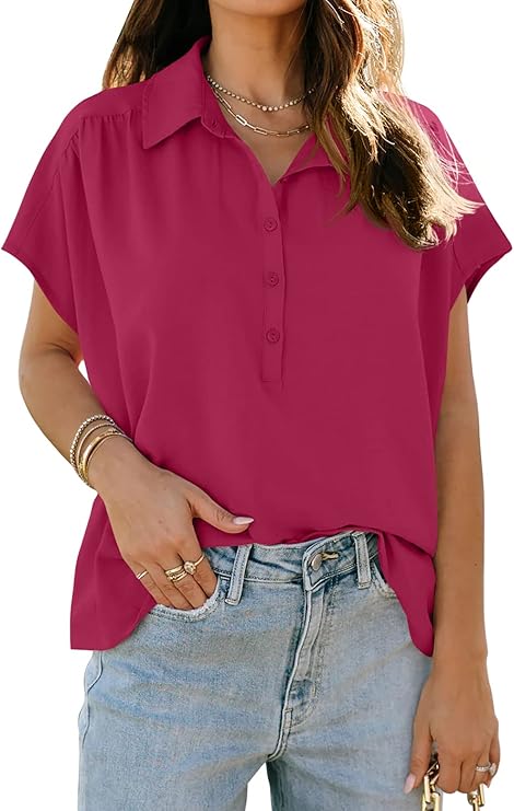 Photo 1 of GOBLES Women's Summer Band Collar Bat Sleeveless Chiffon Blouses Casual V Neck Button Blouses Shirts Tops Rose SIZE XL 