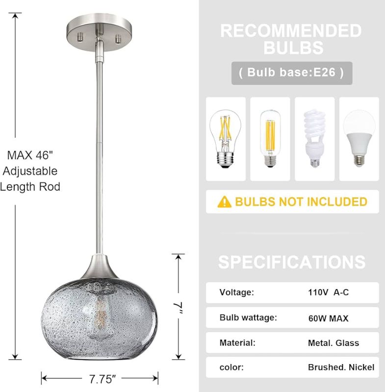 Photo 1 of 1 Light Hanging Indoor Kitchen Island Pendant Lights Glass Pendant Ceiling Light Fixtures Modern Farmhouse Dinning Over Sink (Grey Glass, Style 2)