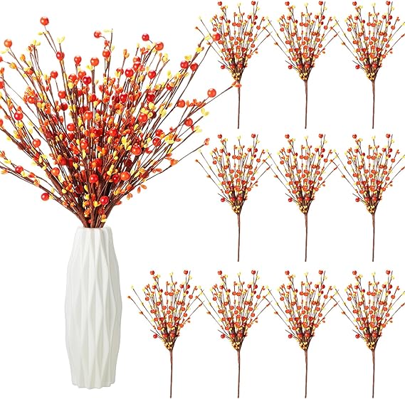 Photo 1 of Crowye 30 Pcs Autumn Artificial Berry Stem Fall Berry Picks Berry Branches Floral Arrangements with White Orange Pip Berry for Autumn Thanksgiving Harvest Day Decor Home Festival Office Decorations