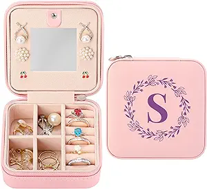Photo 1 of Personalized Travel Jewelry Box with Mirror, Small Jewelry Case Organizer, Womens Christmas Gifts, Ideal Monogrammed Birthday Gifts, Pink Portable Jewelry Holder for Earrings Ring Neckalaces - S 