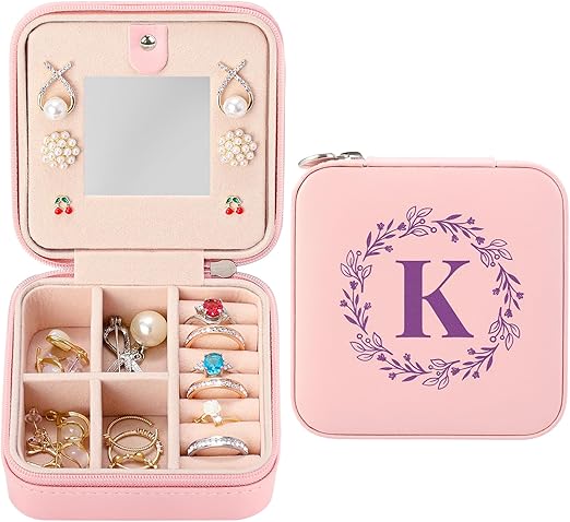 Photo 1 of Personalized Travel Jewelry Box with Mirror, Small Jewelry Case Organizer, Womens Christmas Gifts, Ideal Monogrammed Birthday Gifts, Pink Portable Jewelry Holder for Earrings Ring Neckalaces - K