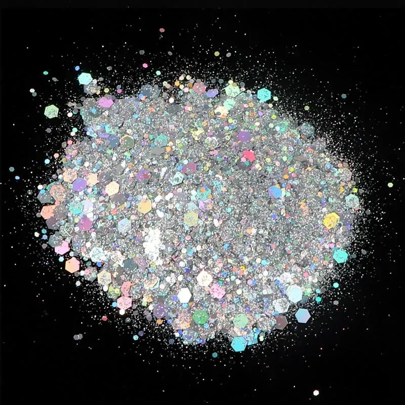 Photo 1 of EBANKU Holographic Chunky Glitter, 100g Laser Mermaid Craft Glitter for Resin Chunky Nail Flake Sequin Mixed Fine Glitter Powder for Nail Art Decoration Halloween Christmas Party (Moon)