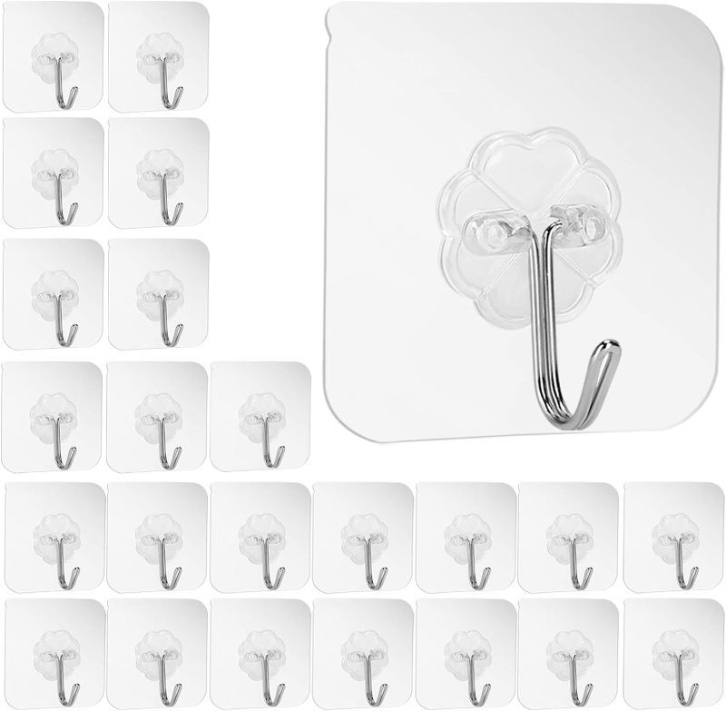 Photo 1 of 24Pcs Adhesive Heavy Duty Wall Hooks 13lb(Max) Transparent Reusable Seamless Nail Free Hooks Waterproof and Oilproof Bathroom Kitchen Utility Towel Mug Spatula Can Opener Scissors Hooks