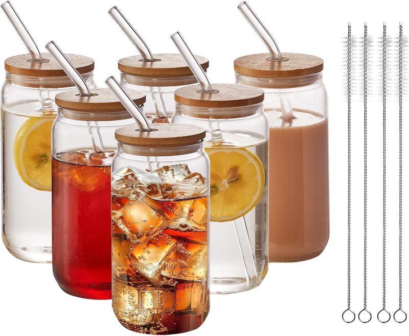 Photo 1 of 6pcs Set-16oz, Glass Cups with Bamboo Lids and Glass Straw - Beer Can Shaped,CuteTumbler Cup,Soda,deal for Cocktail,Iced Coffee Cups,6 Cleaning Brushes glass cups with lids and straws
