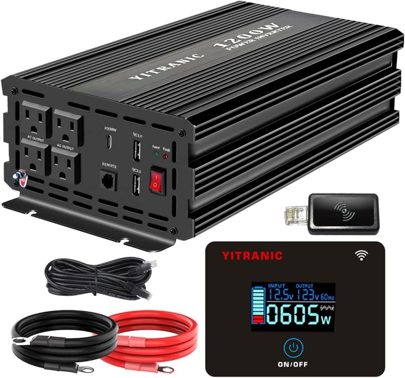 Photo 1 of 1200 Watt Pure Sine Wave Power Inverter 12V to 110V with Wireless & Wired 2 in 1 Remote Controller DC to AC Converter for Home, Camping, RV, 5V/3A USB, PD30W Type C
