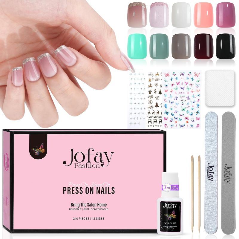 Photo 1 of 240 Pcs Press On Nails Short Kit - Glitter French Press On Nails Square 10 Packs Acrylic, Glue On Nails with Nail Glue, 12 Sizes Glossy Soft Gel Fake Nails Fit Perfectly Natural Stick On Nails
