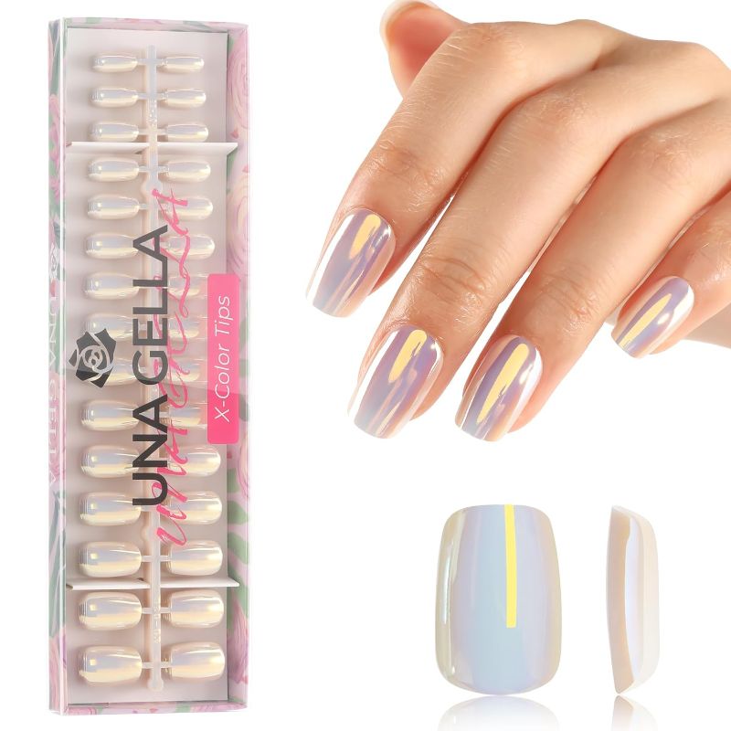 Photo 1 of  White Pearl Chrome Powder Short Square Gel Nail tips Mirror Effect Press On Nails 150Pcs 4 In 1 X-Color Tips Pre-finish Chrome Powder & Base Coat No Need to File Fake Nails for DIY 15 Sizes