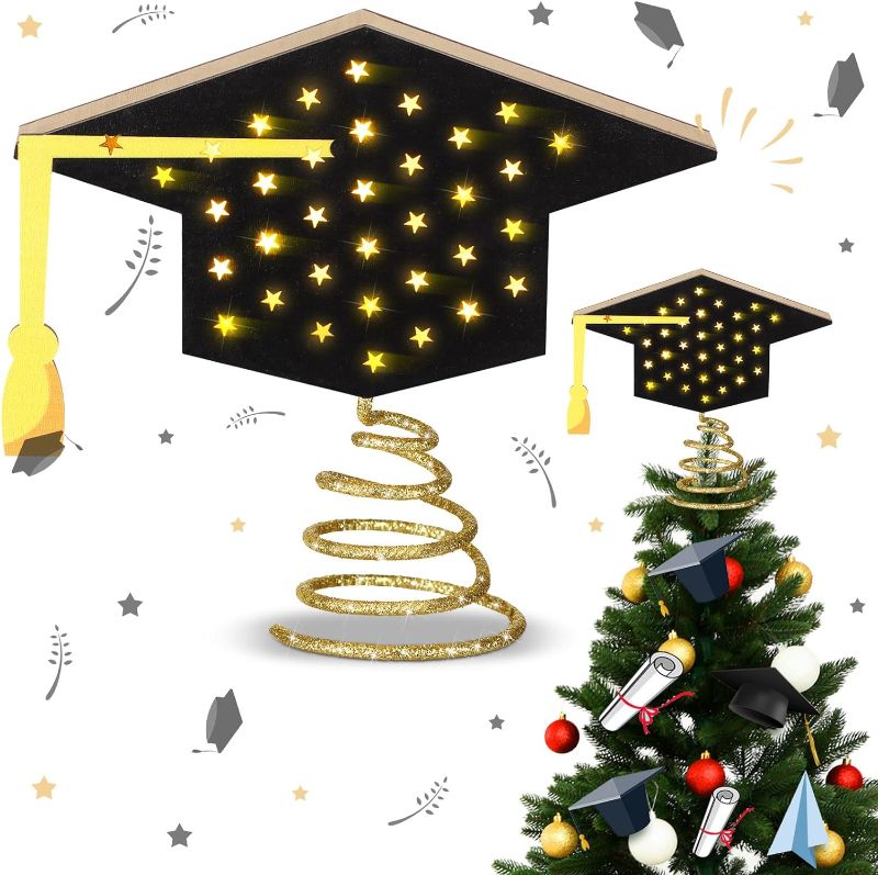 Photo 1 of 9.2 x 7.8 Inch Wood Graduation Hat Tree Topper Decorations 2024 Graduation Cap Tree Topper Happy Graduation with LED Light for Graduation Party Decoration Tabletop Display Birthday