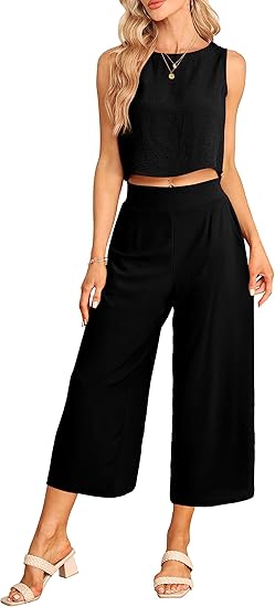 Photo 1 of 2 piece outfits for women Round Neck Back with Buttons Sleeveless Tank Wide Leg Pants Sets with Pockets SIze XL 