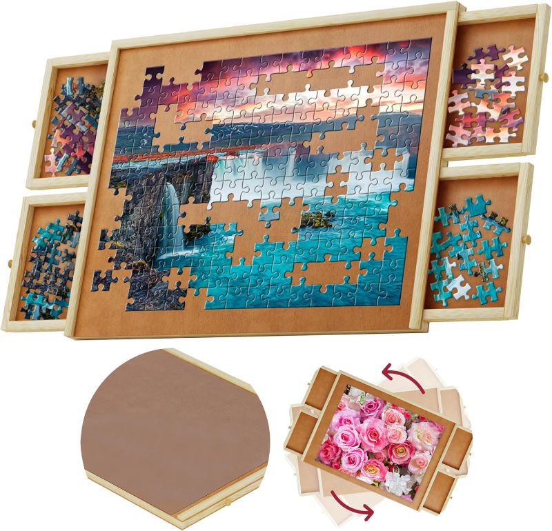 Photo 1 of 1000 Piece Wooden Jigsaw Puzzle Board - 4 Drawers, Rotating Puzzle Table | 30” X 22” Jigsaw Puzzle Table | Puzzle Cover Included - Portable Puzzle Tables for Adults and Kids by Beyond Innoventions 