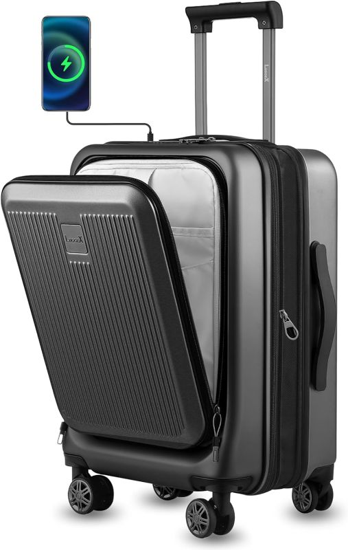 Photo 1 of LUGGEX Carry on Luggage 22x14x9 Airline Approved, PC Hard Shell Suitcase with Front Pocket, Expandable Luggage with USB Port (Black, 20 Inch, 36.7L) 