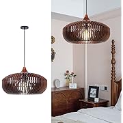 Photo 1 of Arturesthome Farmhouse Round Wood Pendant Light, Rustic Wooden Hanging Ceiling Light Fixture for Kitchen Island Cafe Basement Hallway, Coffee
