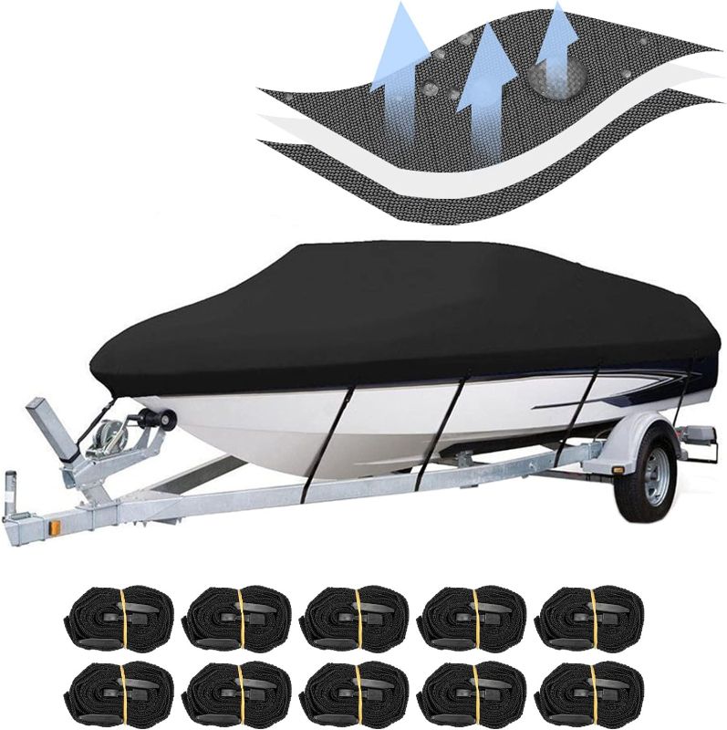 Photo 1 of Heavy Duty 600D Boat Cover 17'- 19', Trailerable Waterproof Marine Grade Polyester Canvas Boat Covers Fits 17-19ft V-Hull, Tri-Hull, Fishing Boat, Runabout, Pro-Style Bass Boat with Strap (Black)