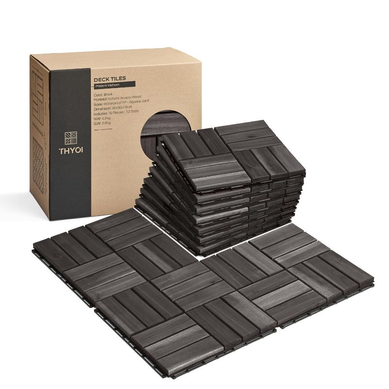 Photo 1 of 10 Pcs Interlocking Deck Tiles 12" x 12", Patio Flooring Outdoor Waterproof, Acacia Wood Tiles All Weather, Floor Tiles for Balcony, Backyard, Indoor and Outdoor use (Black)