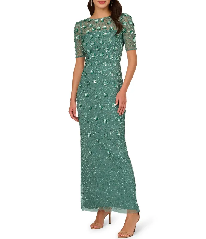 Photo 1 of Adrianna Papell Floral Beaded Mesh Round Neck Short Sleeve Gown
