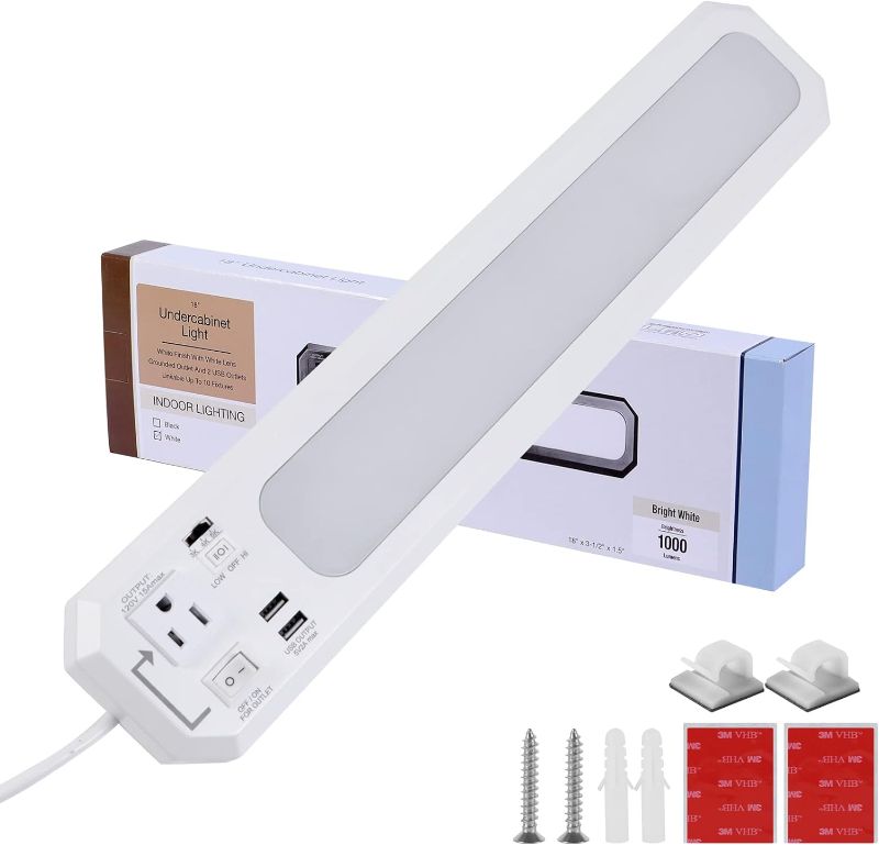 Photo 1 of 18inch Under Cabinet Lighting Plug in, 120V Under Cabinet Light with Outlet Plug Switch, 3000K/4000K/5000K Dimmable Shop Lights with 2USB and 5ft Power Outlet for Garage, Workbench
